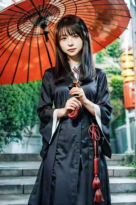 Japanese women　Black clothes　Holding a red umbrella　Long black hair