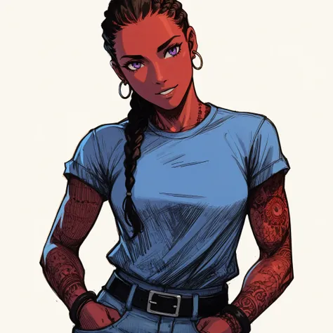 High angle, Eiji HASHIMOTO style, young woman with red skin, black hair in a braided bob, African braid, purple eyes, athletic body, muscular arms, tall, earrings, street tattoos, bleu t-shirt, jeans slim black belt, sketch, She smiled , selfie