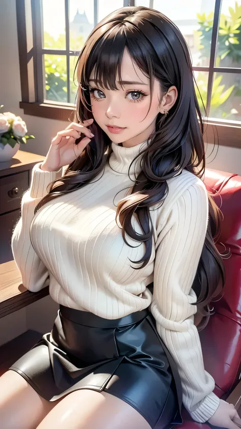 cool beauty, striking beautiful eyes, glossy silky braided bangs hair, forehead, make-up, fascinating, perfect proportions, wearing fluffy sweater and fluttering skirt, sitting on a chair and stretching out with a bored look on her face, delicate and dynam...