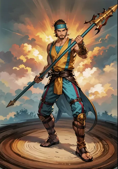 (masterpiece:1.2, best quality:1.2, extremely delicate:1.2), ((male:1.5)), a middle-aged man with short brown hair, a headband, a dignified face, mustaches and goatee beard, a fantasy martial arts style orange-yellow sleeveless vest, a sash wrapped around ...