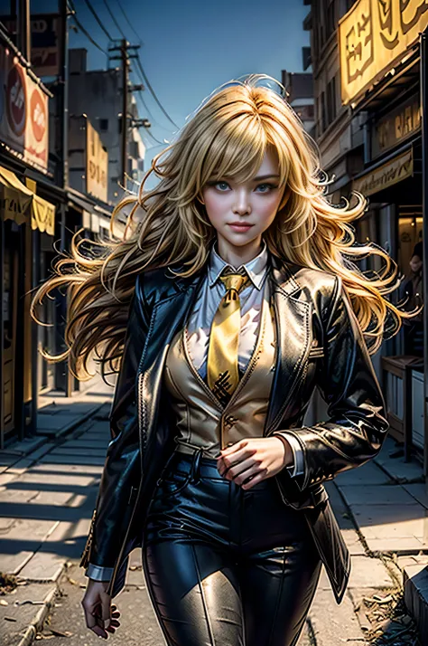 masterpiece,best quality,1girl,yang xiao long,ahoge,blonde hair, ahoge, purple eyes,large breasts,(formal,tuxedo,black coat,black pants,yellow necktie),light smile,standing,cowboy shot, night, stars, walking in post apocalyptic city, buildings in ruins, de...