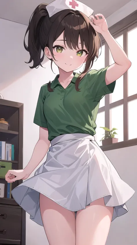 Anatomically correct, One Girl, Small breasts,  ｛Shortcuts:1.7｝, Short Ponytail, nurse,green, Brown Hair, Brown EyesShy,smile,Lift the skirt up to waist height