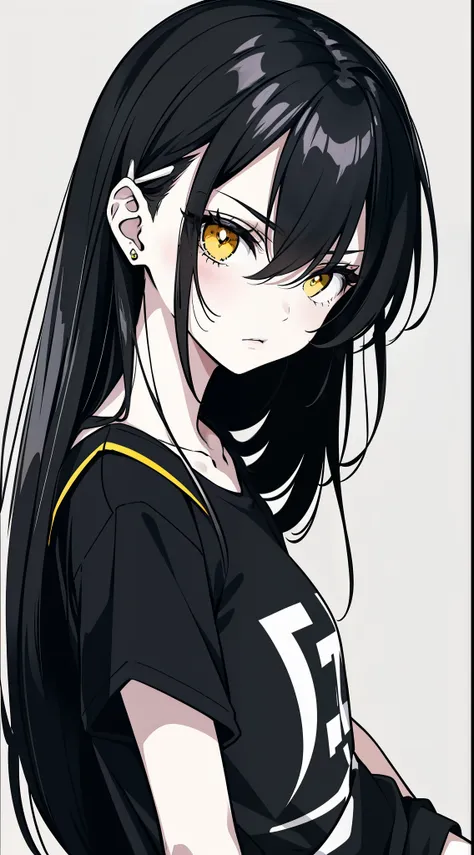 1girl, side portrait, black and white, messy long hair, edgy accessories, sporty style, casual t-shirt, confident gaze, monochrome yellow color scheme, looking to the side, chic street fashion, casual hands in pockets pose, Hairpin