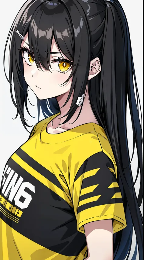 1girl, side portrait, black and white, messy long hair, edgy accessories, sporty style, casual t-shirt, confident gaze, monochrome yellow color scheme, looking to the side, chic street fashion, casual hands in pockets pose, Hairpin