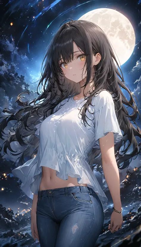 A beautiful anime-style scene of a young woman standing under the glowing full moon, which fills the night sky with soft, ethereal light. She has long, flowing dark hair with hints of brown and golden tones, gently swaying in the breeze. Her calm, serene e...