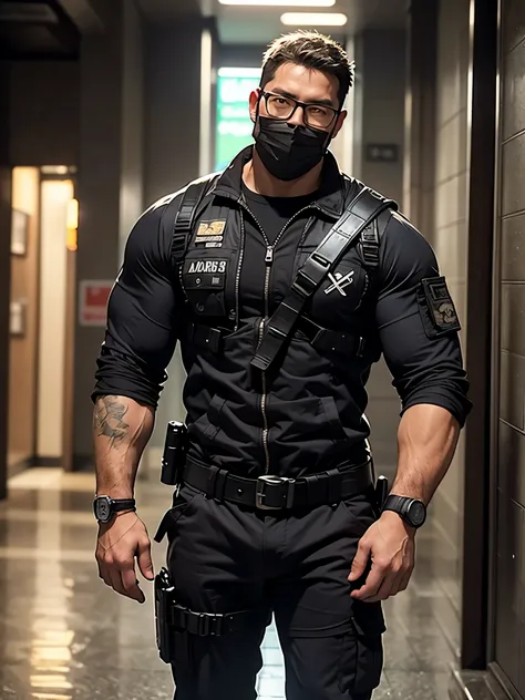 george pei, 1boy, solo, 40 years old male, mature male, masterpiece, round face, short beard, stumble, glasses, big chest, big abs, muscular, In the hallway there is a man in a mask and a gun, bank heist movie, stealth suit, 3 D rendered character art 8 K,...