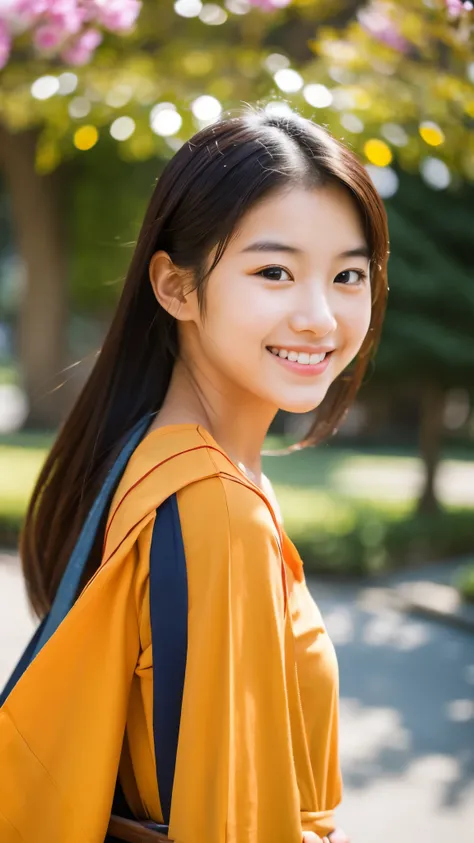 Detailed image, sharp focus, A beautiful student, Asian face, smiling, standing around the campus yard