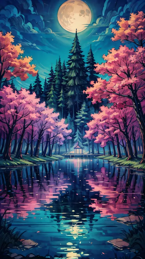 Anime-style, a peaceful landscape at night, with a calm lake reflecting the full moon, trees