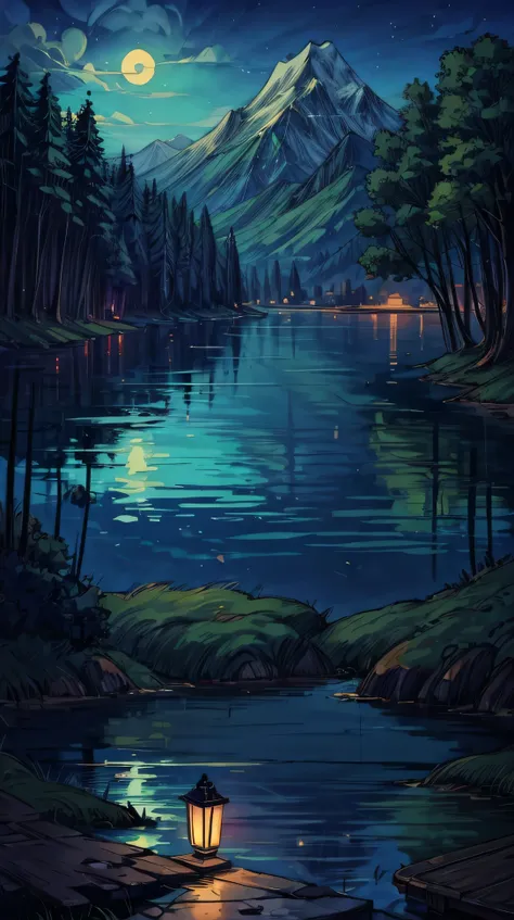 Anime-style, a peaceful landscape at night, calm lake