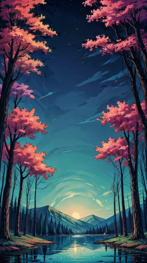 anime-style, a peaceful landscape at night, calm lake, trees