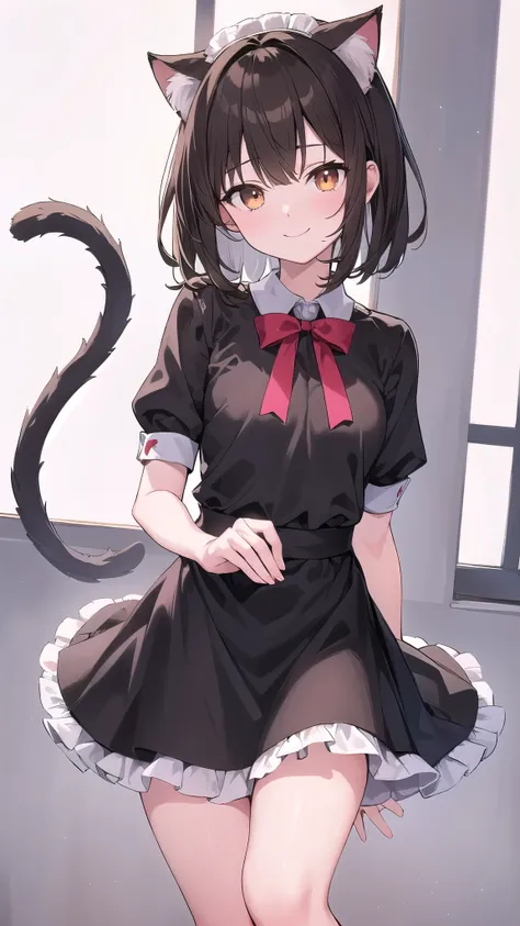 Anatomically correct, One Girl, Small breasts,  ｛Shortcuts:1.7｝, Perm, Maid uniform,Cat ears, Brown Hair, ,smile,