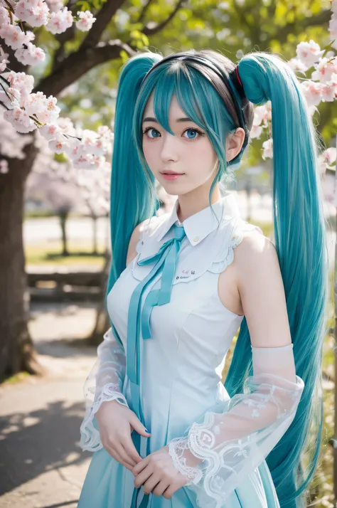 Best Quality,photographの品質,超High resolution</input></>,Professional Lighting,1,Like a beautiful face, Cosplay Girl, Hatsune Miku, seed: 2695708738, Twin tails, (Hair Color, Blue-green:1.3), Large Breasts, Cute like a little sister:1.2, (((Ultra-realistic))...