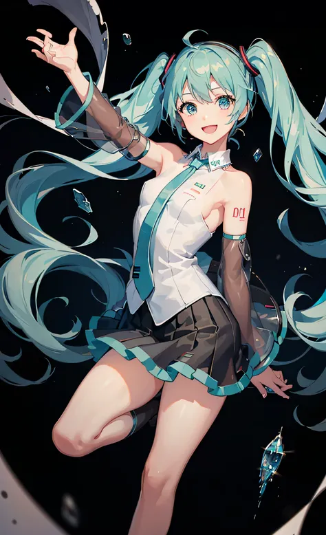One Girl, Alone, woman , masterpiece</input></>, Beautiful Haniss, Hatsune Miku, White shirt, (Black Skirt:1.3), Blue tie, Bare shoulisers, Removable sleeves,
break
:is, happy, smile, See your audience, ✌️,(Opposition:1.5), Squat,
break
stage lights,