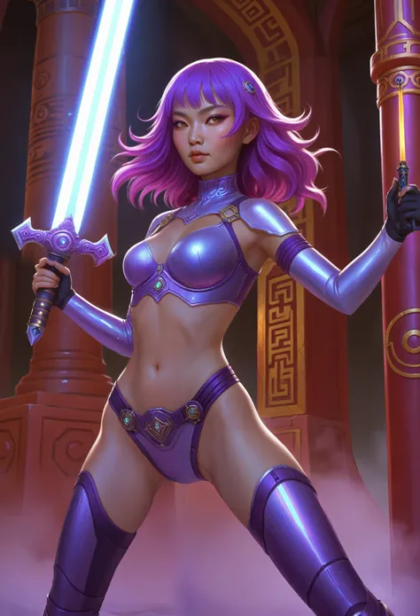 Artistic_scifi of a Mongolian woman with wavy purple hair, swinging a holographic sword in front of an ancient tech temple.