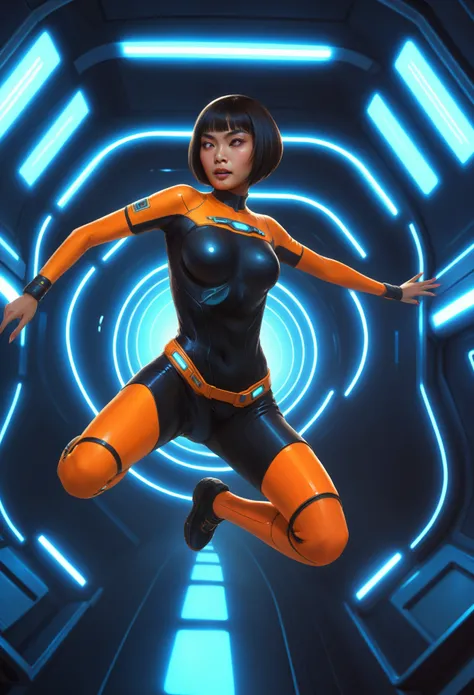 Artistic_scifi of a Thai woman with a bob cut, sprinting across a neon-lit space station in zero gravity.

