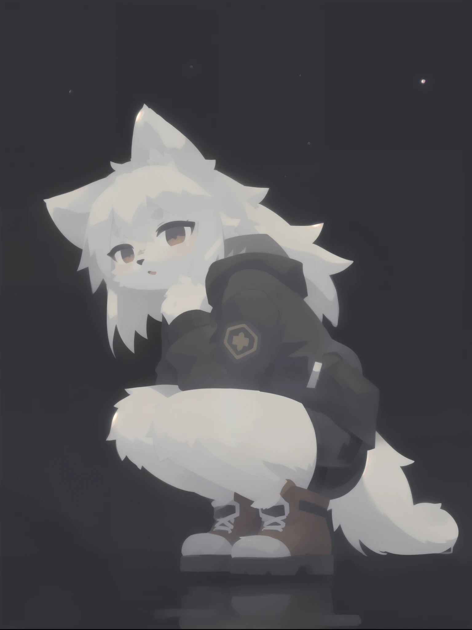 1girl, solo, jacket, short shorts, long hair, night, dark environment, boots, white fur, white hair, sidelocks, night sky, (dark background:1.3), squatting,, (best quality, masterpiece, illustration, ultra-detailed:1.3), (uploaded on e621, furry, anthro, k...