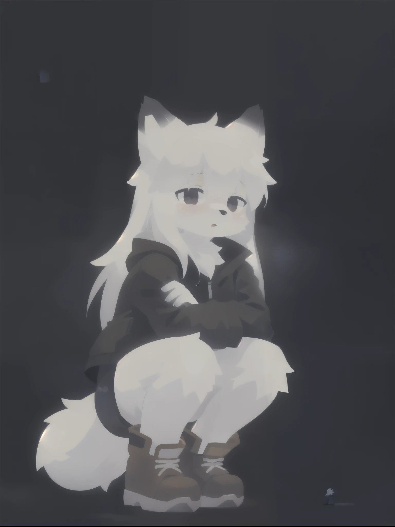 1girl, solo, jacket, short shorts, long hair, night, dark environment, boots, white fur, white hair, sidelocks, night sky, (dark background:1.3), squatting,, (best quality, masterpiece, illustration, ultra-detailed:1.3), (uploaded on e621, furry, anthro, k...