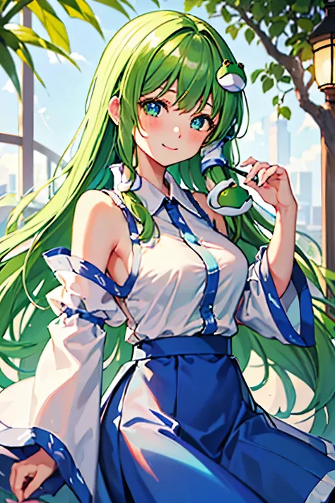 best quality, masterpiece, highres, solo, {kochiya_sanae_touhou:1.15}, green_hair, long_hair, hair_ornament, frog_hair_ornament,...