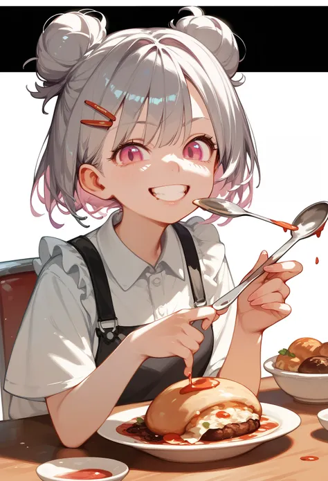 (highest quality,High resolution,Very detailed),eat porridge, Short silver bob hair tied in a bun with a hair clip, Pink Eyes、spoon, Grin、Background blur, Depth of written border