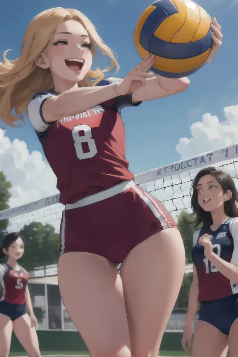 a girl with a voluptuous body is in the center of the scene, wearing a tight volleyball uniform that highlights her figure. she ...