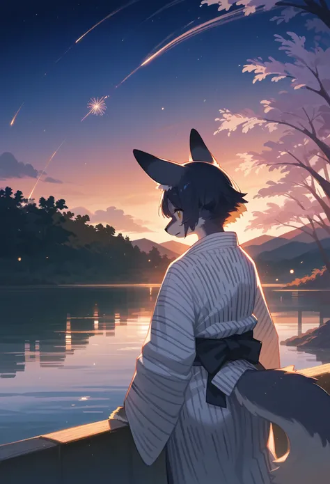 top quality, best quality, highres, masterpiece, super high resolution, detailed background, lake, nigh sky, firework, japanese yukata, absurdres, perfect anatomy, good lighting, cinematic shadow(1girl, kemono, furry anthro)assorted expressions, upper shot...