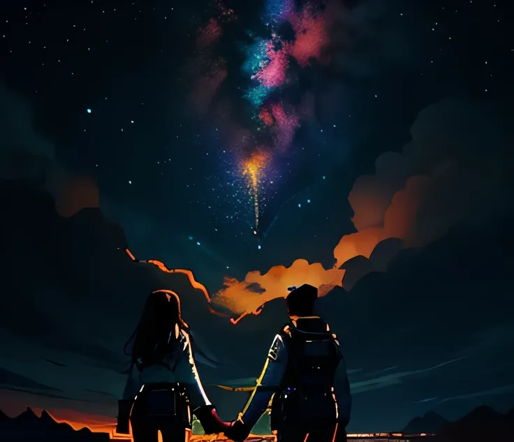 A couple with hands together. both coasts. Woman long light brown hair, beautiful, extremely futuristic clothing. young man brown hair. Looking at a big meteor. Nebulae background.