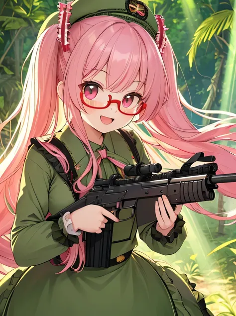 ((Masterpiece)), ((top quality)), very detailed, animated style illustration, (In the jungle:1.2), (daylight:1.1), 1girl, cute girl, upper body, upper body focus, (beautiful eyes), (red rim glasses:1.2), beautiful pink hair, pink eyes, long hair, slim, sle...