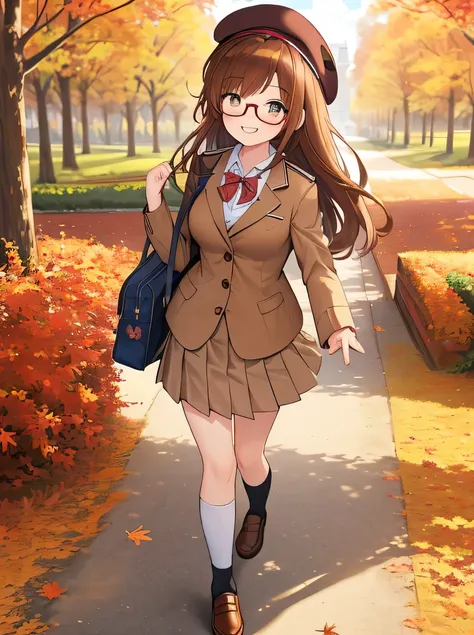 ((Masterpiece)), ((top quality)), very detailed, animated style illustration, (autumn in the park:1.2), (daylight:1.3), (skewed shot:1.2), 1girl, cute girl, full body, full body focus, (beautiful eyes), beautiful brown hair, long hair, slim, slender, glass...