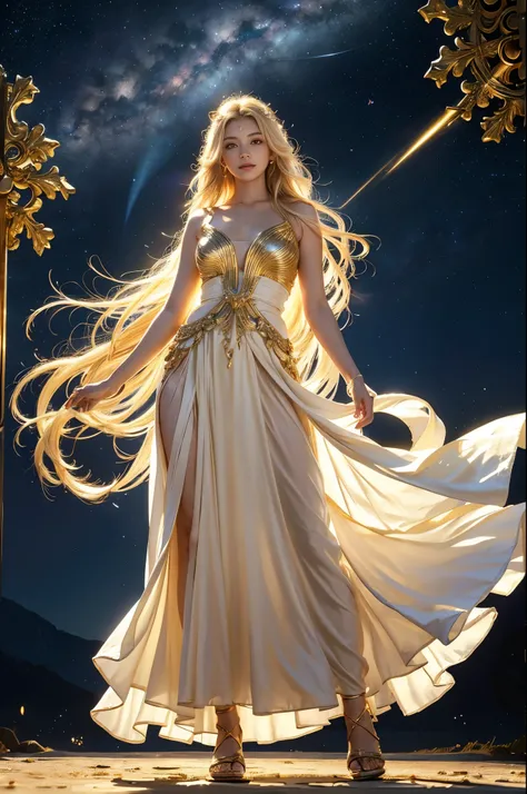 Deity, age 34, beautiful glowing eyes, flowing blonde hair, looking at the camera, full body view, gold sandals, wearing white divine flowing gown with gold trim, sparkling lights, Devine glow, Invisible Beauty, light Rays, Extraordinary Beauty, Colors are...