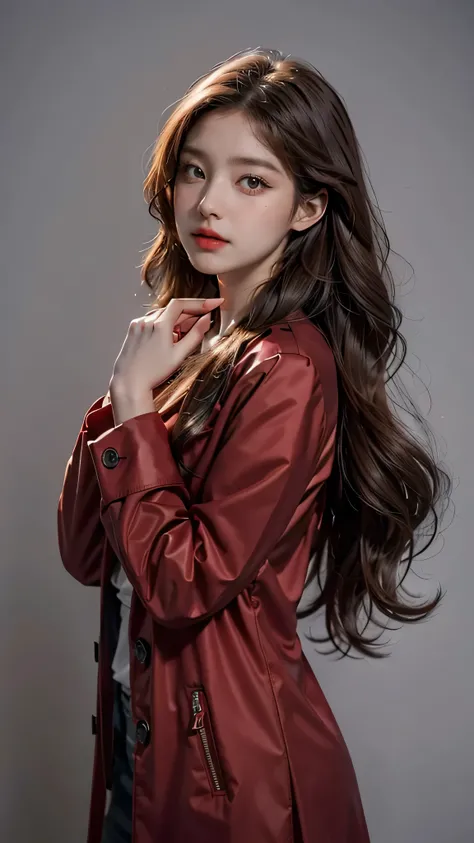 Girl wearing, luxury red coat, shoulder length hair, wavy hair, glowing skin, star in eye, red lips, grey  background, cute poses 