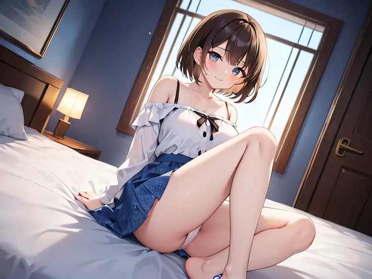 (masterpiece、Best Quality、High resolution、Realistic photo、Real looking skin:1.1)、
(A woman sits on a bed in a love hotel:1.8)、
(The skirt is so short that her panties are visible:1.8)、
(Looking at her from a frontal perspective:1.8)、
(She has a happy smili...