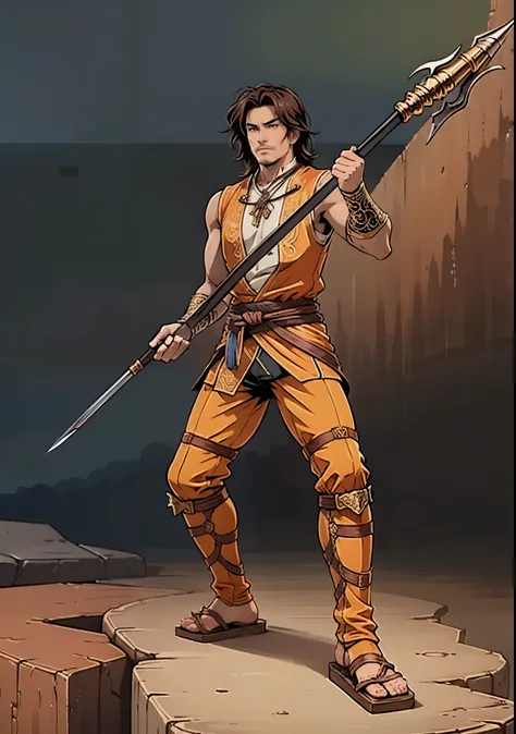 (masterpiece:1.2, best quality:1.2, extremely delicate:1.2), ((male:1.5)), a middle-aged man with short brown hair, a headband, a dignified face, mustaches and goatee beard, a fantasy martial arts style orange-yellow sleeveless vest, a sash wrapped around ...