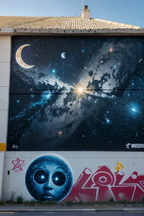 A wall in a community with street art graffiti featuring the moon and stars galaxies 