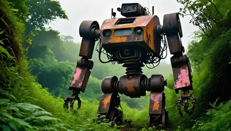 In the foreground lays the whimsical, decaying, moss-covered, and weathered metal body of a long-defunct robot, its rusted frame blending completely into the natural environment. Beside it, an old, half-rotted sign lies on the ground, bearing the faded tex...