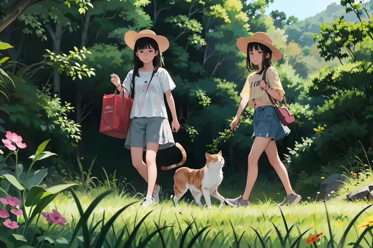 Three Girls、On top of the stone walls of a Japanese castle ruins、Black Hair, Short Hair、Long Hair, Hair Ties, Hairbands, Hair accessories, Straw hat、Shorts, skirt、(A calico cat wanders around)、Dappled sunlight、Outdoor, nature, wood々、 grassland、countryside、...