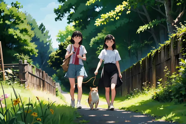 Three Girls、On top of the stone walls of a Japanese castle ruins、Black Hair, Short Hair、Long Hair, Hair Ties, Hairbands, Hair accessories, Straw hat、Shorts, skirt、(A calico cat wanders around)、Dappled sunlight、Outdoor, nature, wood々、 grassland、countryside、...