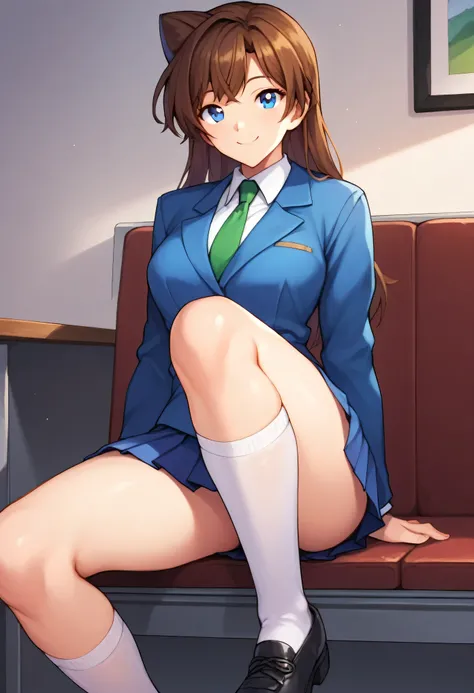 score_9, score_8_up, score_7_up, score_6_up, BREAK, RanMoriDCXL, blue eyes, brown hair, long hair, bangs, medium breasts, blue jacket, closed jacket, shirt, green necktie, blue skirt, pleated skirt, white stockings, black shoes, solo, indoors, thighs, wide...