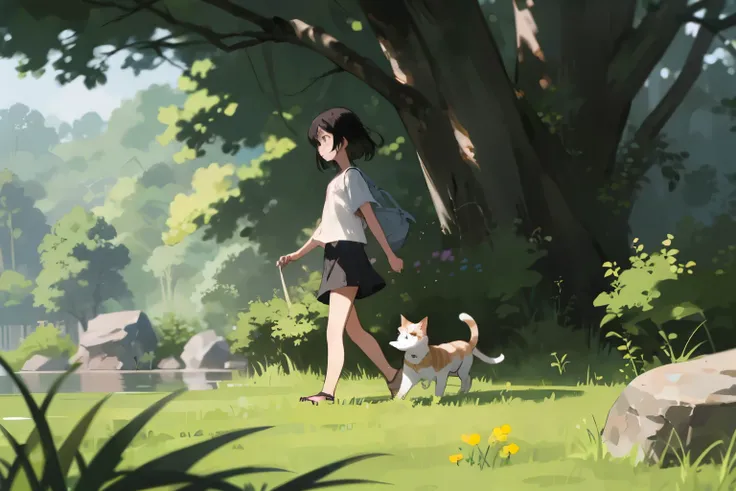 Three Girls, (A calico cat wanders around)、Water Play、Sandals, Black Hair, Short Hair、Long Hair, Hair Ties, Hairbands, Hair accessories, Shorts, skirt、Dappled sunlight、Outdoor, nature, rock, grassland、countryside、Suburban、(Blur the background)、4K、8k、wallpa...