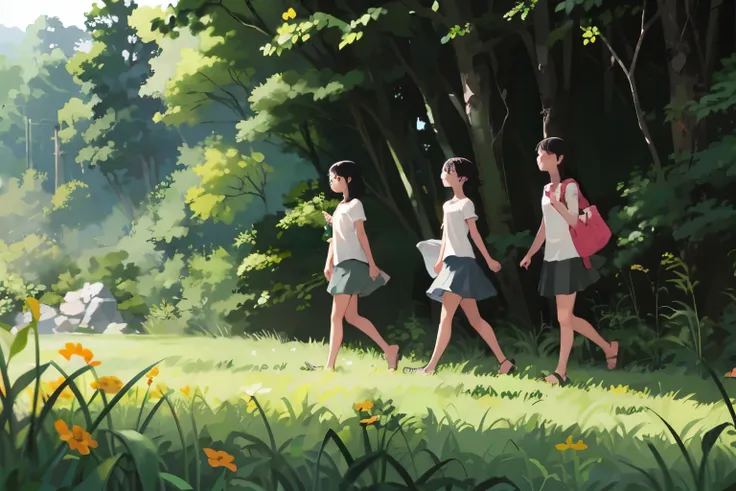 three girls, (a calico cat wanders around)、sandals, black hair, short hair、long hair, hair ties, hairbands, hair accessories, sh...