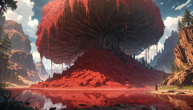 Anime Aesthetics, Anime scene, Rotten Lake, Crimson water, The lake is filled with red mist, Red Desert, Wavy crimson leafless trees, Large white and red button mushrooms, The scene after the disaster, Ancient Ring Aesthetics, Dark Souls 3 Aesthetics, A ho...