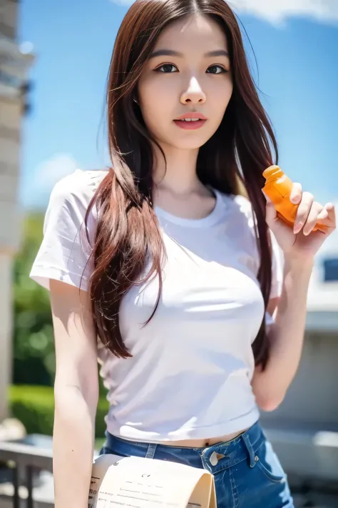 1 girl, wearing a white t-shirt and long jeans, standing and posing holding a plastic bottled water pack, close-up photo, sky background, sunlight flare in front, blurred background