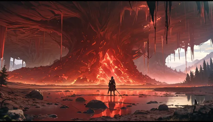 Anime Aesthetics, Anime scene, Rotten Lake, Crimson water, The lake is filled with red mist, Red Desert, Wavy crimson leafless trees, Large white and red button mushrooms, The scene after the disaster, Ancient Ring Aesthetics, Dark Souls 3 Aesthetics, A ho...