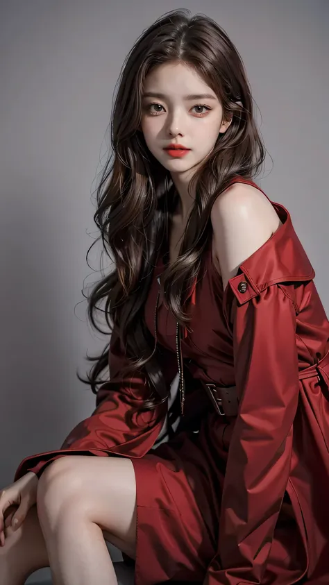 Girl wearing, luxury red coat, shoulder length hair, wavy hair, glowing skin, star in eye, red lips, grey  background, cute poses , sitting 