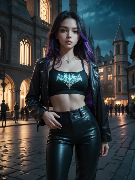 girl, standing, hand on waist, slightly bent leg, long leather jacket, layered hair, crop camisole, (13yo, cute:1.4), (breasts:1.2), high waisted pants, looking at viewer, glowing hologram, violet dress, fantasy empress, outdoors, gothic architecture, allu...