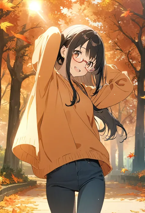 1girl, , brown eyes are shining and cute, black hair, long hair, extremely detailed neat hair,Straight hair, tareme, ((red-rimless eyewear:1.2)), star earrings, medium breasts, smile, blushful,

BREAK
oversize sweater,skinny jeans,from front,arms up behind...