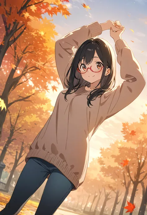 1girl, , brown eyes are shining and cute, black hair, long hair, extremely detailed neat hair,Straight hair, tareme, ((red-rimless eyewear:1.2)), star earrings, medium breasts, smile, blushful,

BREAK
oversize sweater,skinny jeans,from front,arms up behind...