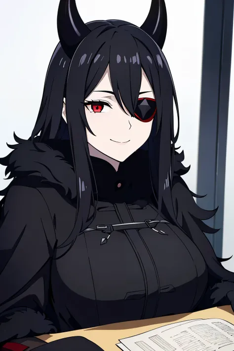 (masterpiece), (best quality), (ultra-detailed), (best illustration), (best shadow), (absurdres), 1woman, busty, big , (Black fur trim coat), (Black demon horns), (red eyes), (black eye patch), (very long black hair), (messy hair), (pale skin), ( drooping ...