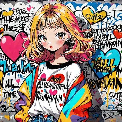 Ultra-realistic Keith Haring colorful style, Simple lines acronym abstract art，(((The most beautiful woman of all time))), Colorful hearts, Cute design, street Fashion, Dark Eyes, (((Background is graffiti))), (((Cute Protozoan)))