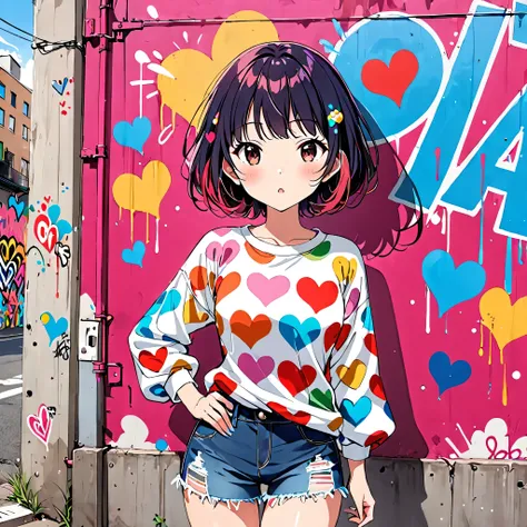 Ultra-realistic Yayoi Kusama colorful style, Simple lines acronym abstract art，(((The most beautiful woman of all time))), Colorful hearts, Cute design, street Fashion, Dark Eyes, (((Background is graffiti))), (((Cute Protozoan)))