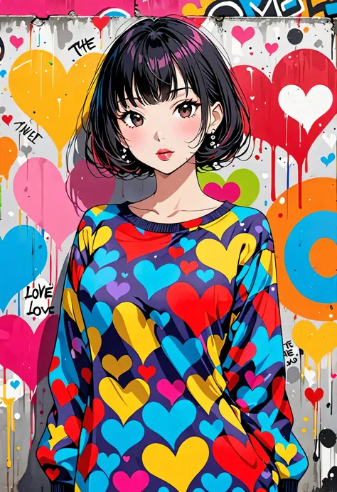 Ultra-realistic Yayoi Kusama colorful style, Simple lines acronym abstract art，(((The most beautiful woman of all time))), (((Lips in love))), Colorful hearts, Cute design, street Fashion, Dark Eyes, (((Background is graffiti))), (((Cute Protozoan)))